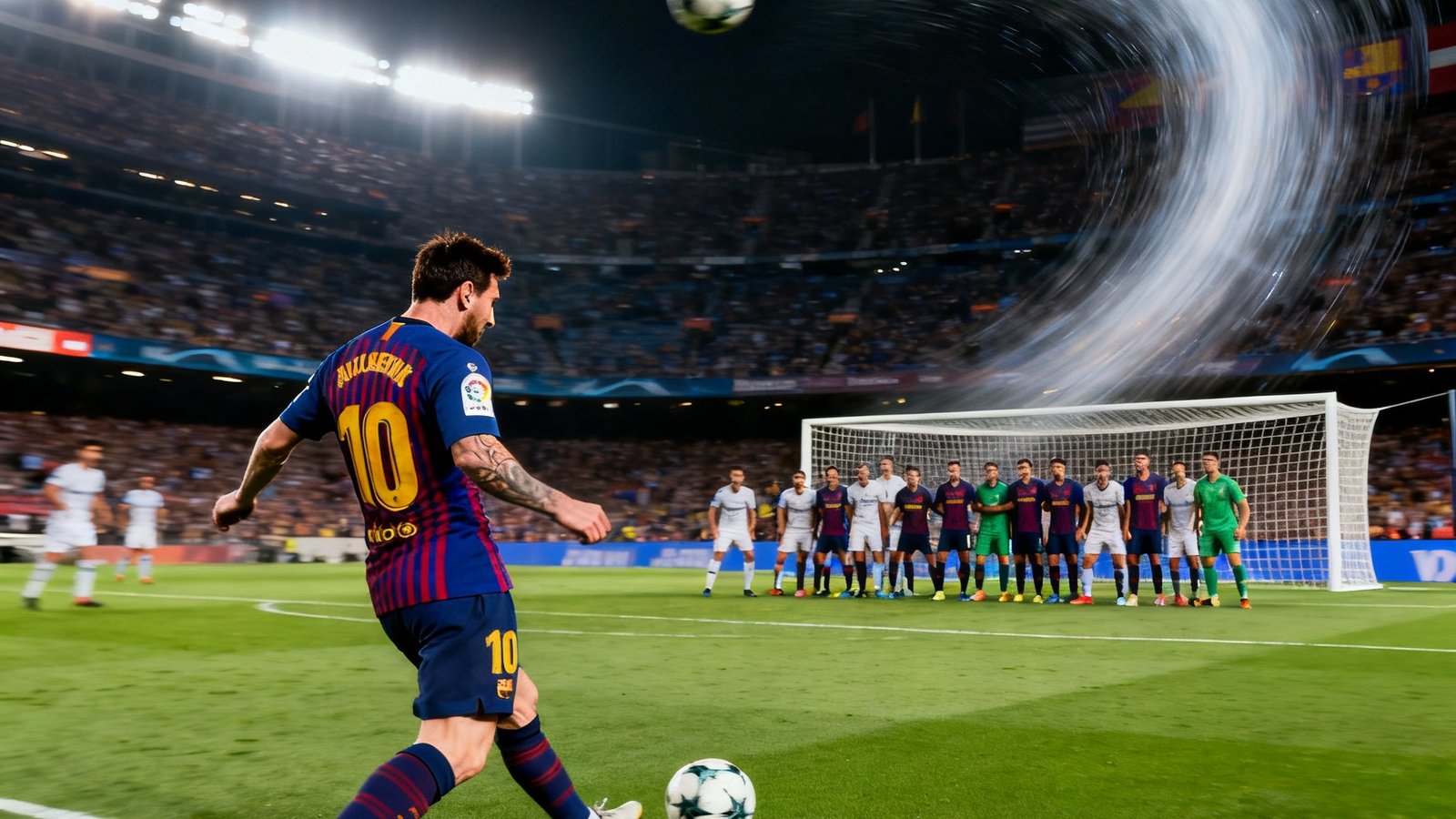 单进球剪辑展示梅西主罚任意球破门全过程，弧线越过人墙
